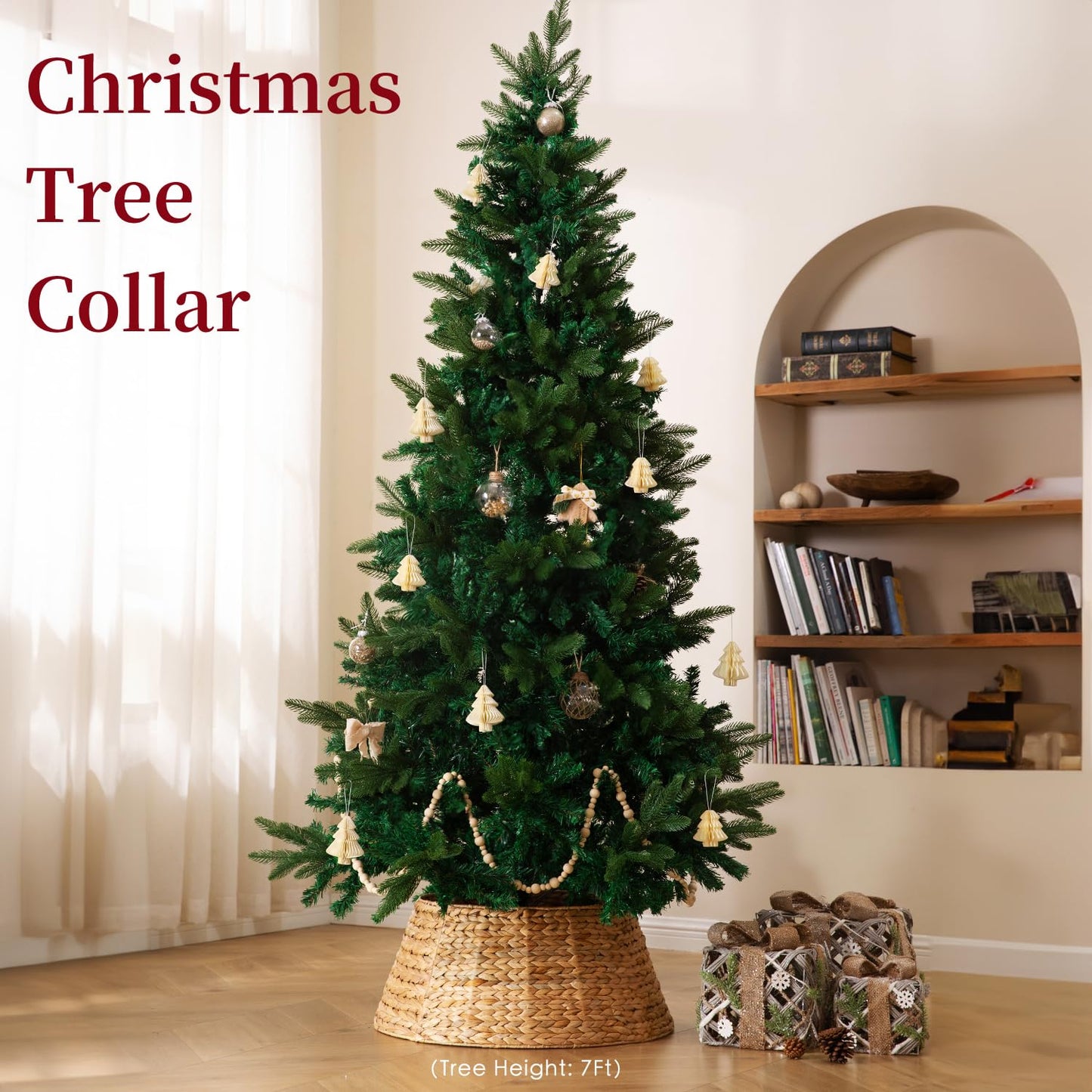 24in Hyacinth Christmas Tree Collar - Woven Rattan Basket for Christmas Tree Base Cover, Holiday Decoration for 4ft 6ft 7.5ft Artificial Trees with Cord Cut-Out(Natural)