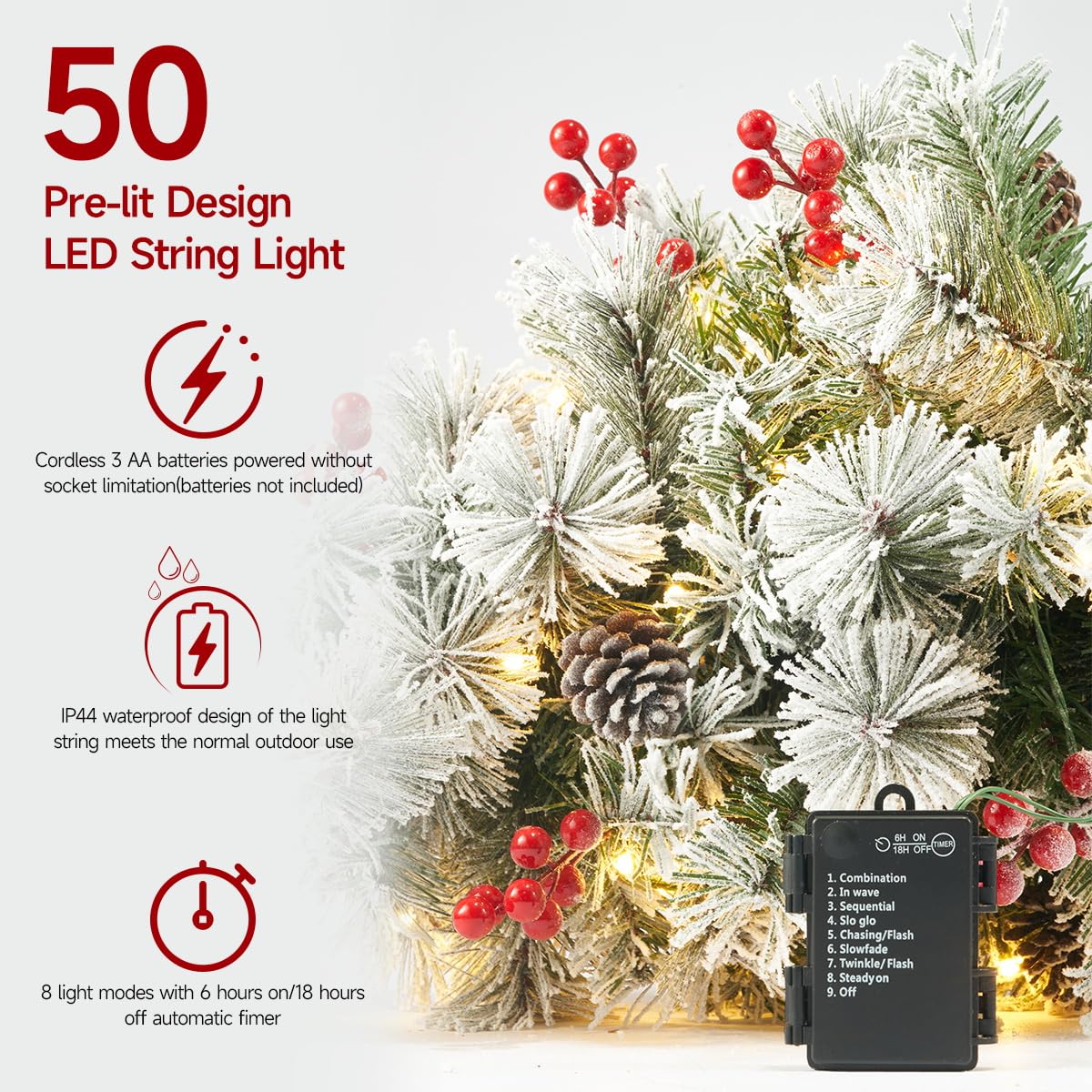 HiBean Christmas Tree Urn Filler 2 Set 30 inch, Pathway Porch Flocked Christmas Trees Pre-Light LED Battery Operated Outdoor Xmas Decor for Entrance, Yard, Garden, Red Berries, Pine Cones (White)