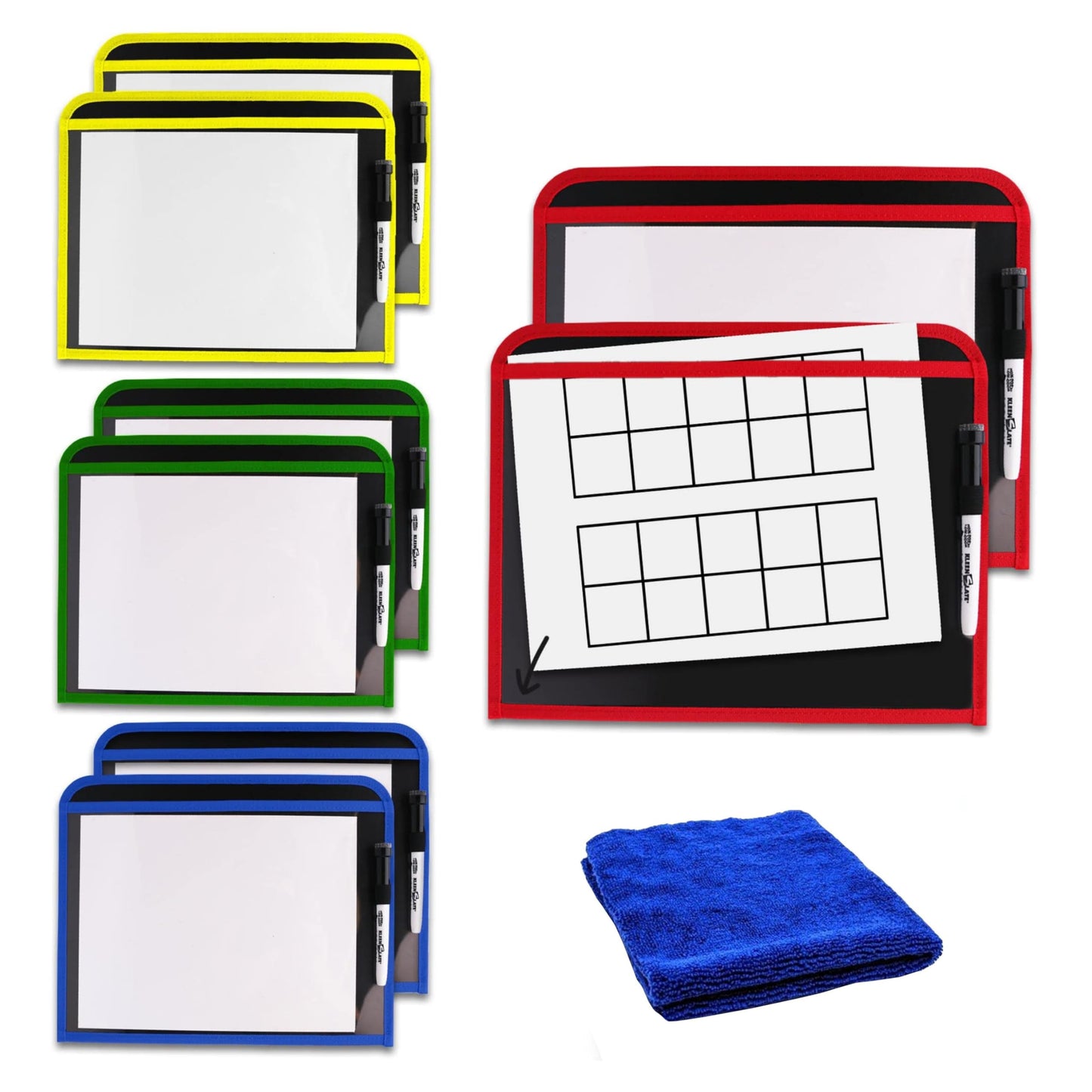 KleenSlate (8 Durable Dry Erase Pockets with Sturdy Back and Clear Vinyl Sleeve + (8) Dry Erase Markers with Erasers