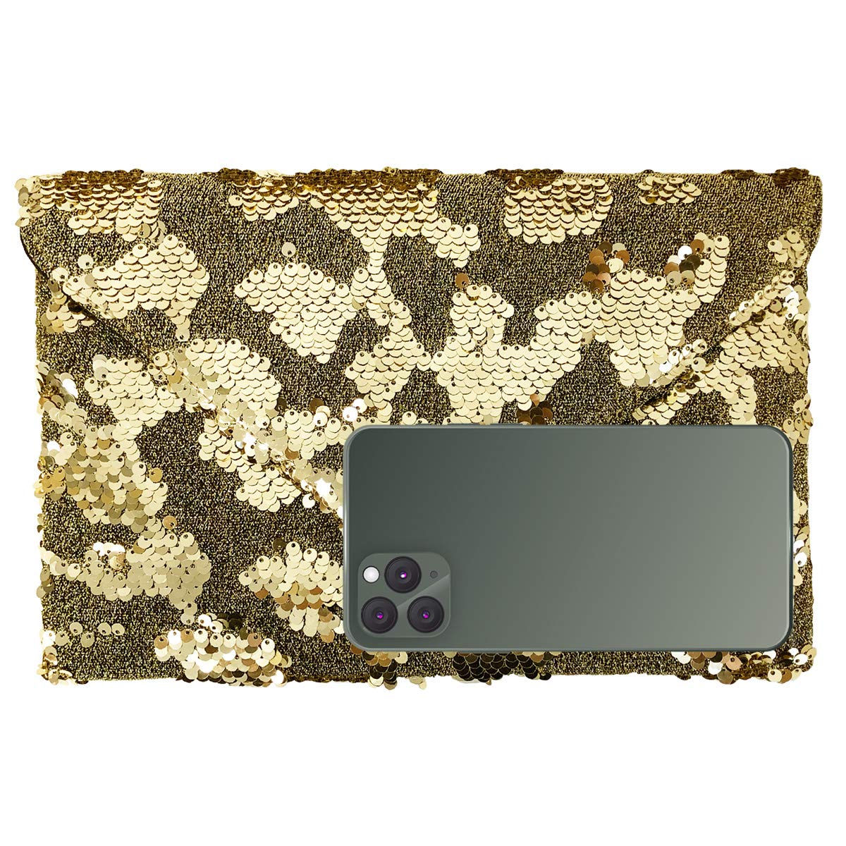 JNB Sequin Envelope Clutch for Women – Flat Evening Bag with Detachable Chain, Snap Closure, Fabric Lining, Interior Zipper Pocket, Lightweight Sequin Purse for Parties and Special Events (Black)