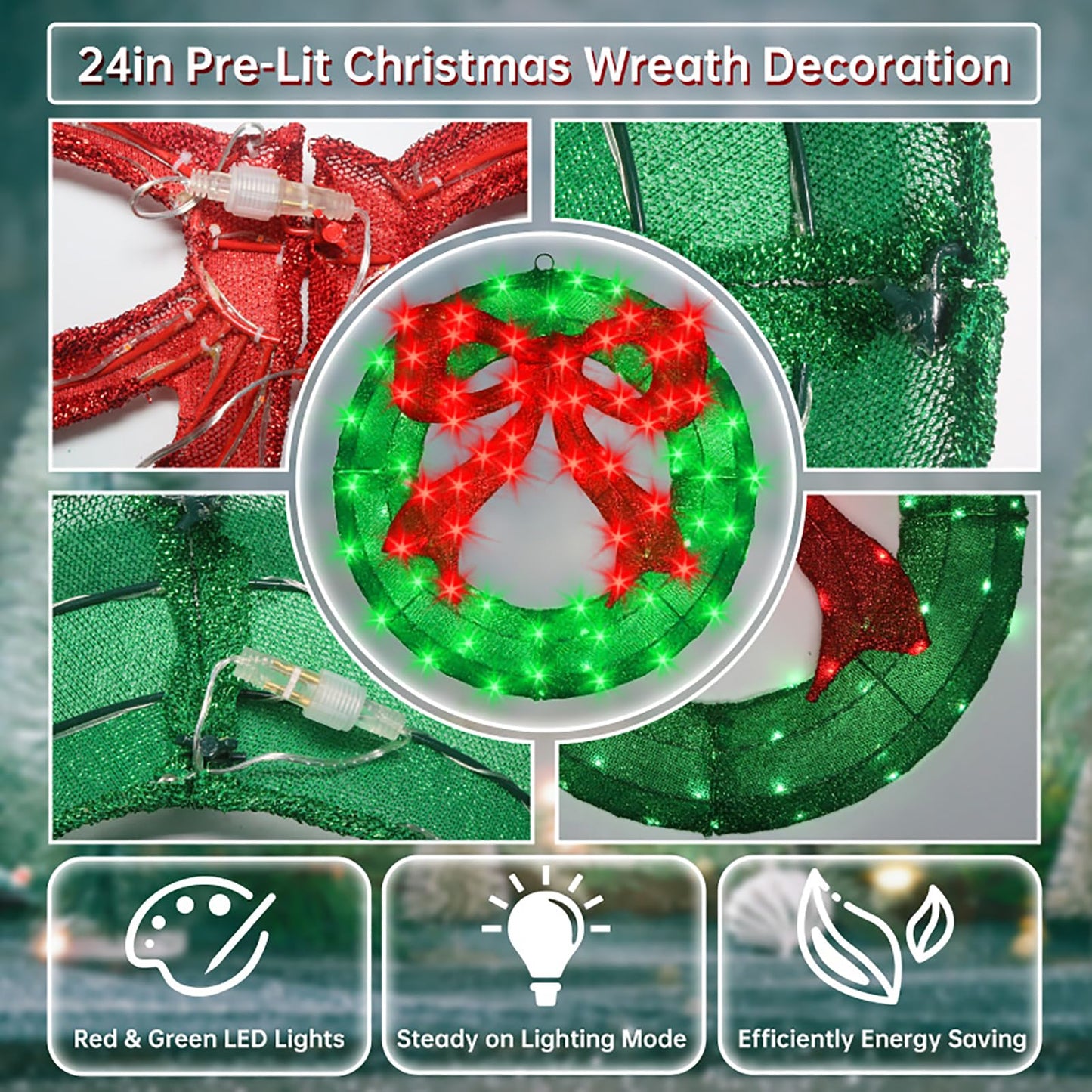 Outdoor Christmas Wreath Decoration - 24" Bright LED Christmas Wreath Lights with Bow, Large Lighted Christmas Wreaths Window Lights for Wall, Windows, Front Door Decor, Red Bow - Green Wreath