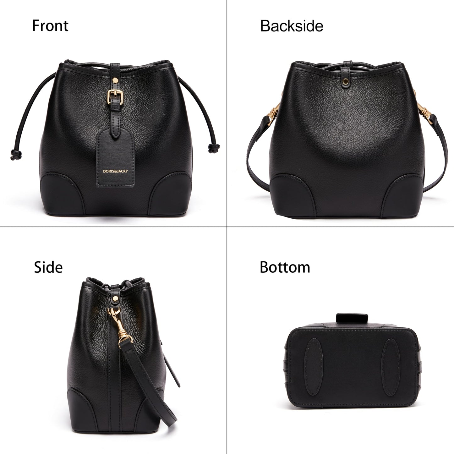 DORIS&JACKY Leather Drawstring Shoulder Bag Small 2 Way Bucket Crossbody Purse For Women (1-Black)