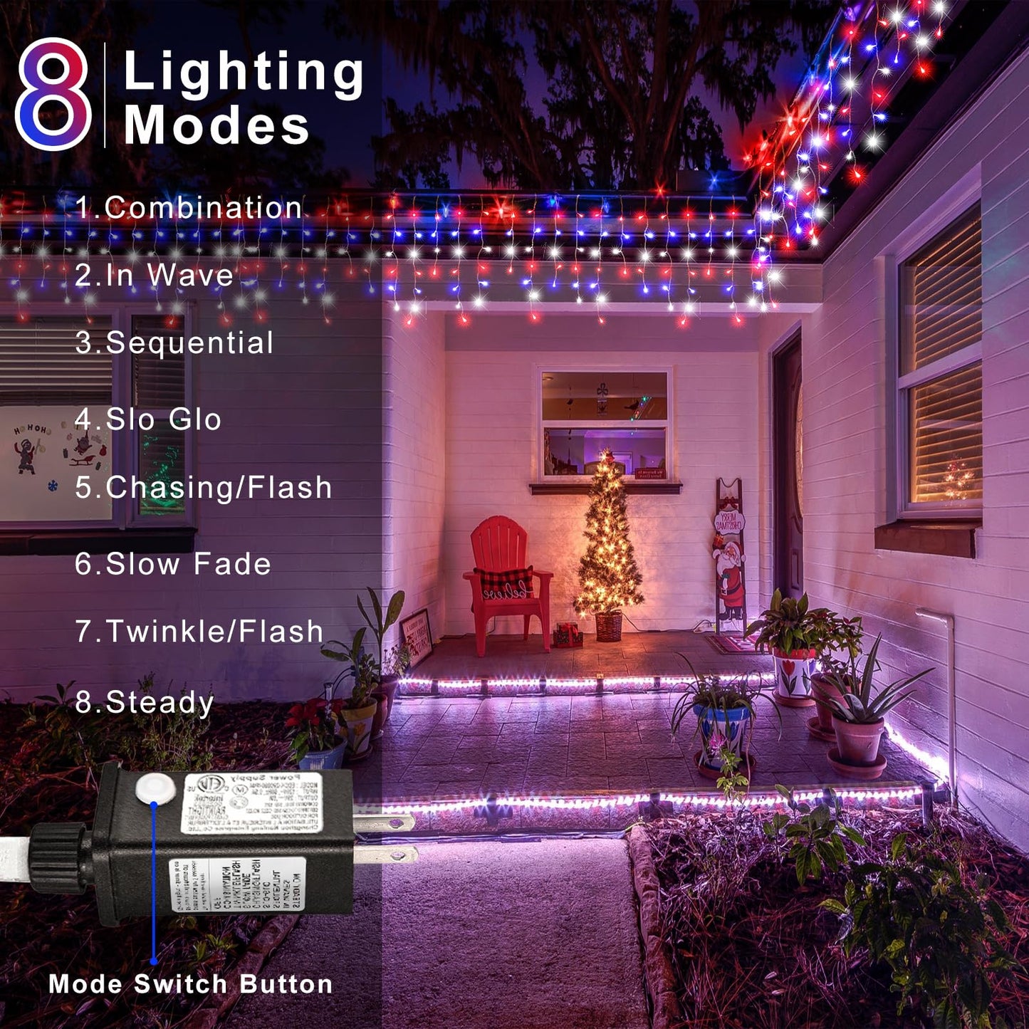 Red White and Blue Icicle Lights for Outside – 66ft 640LED Outdoor Waterproof Christmas Lights, 4th of July Decorations Independence Day Patriotic Lights with 120 Drops for House Roof Window Fence
