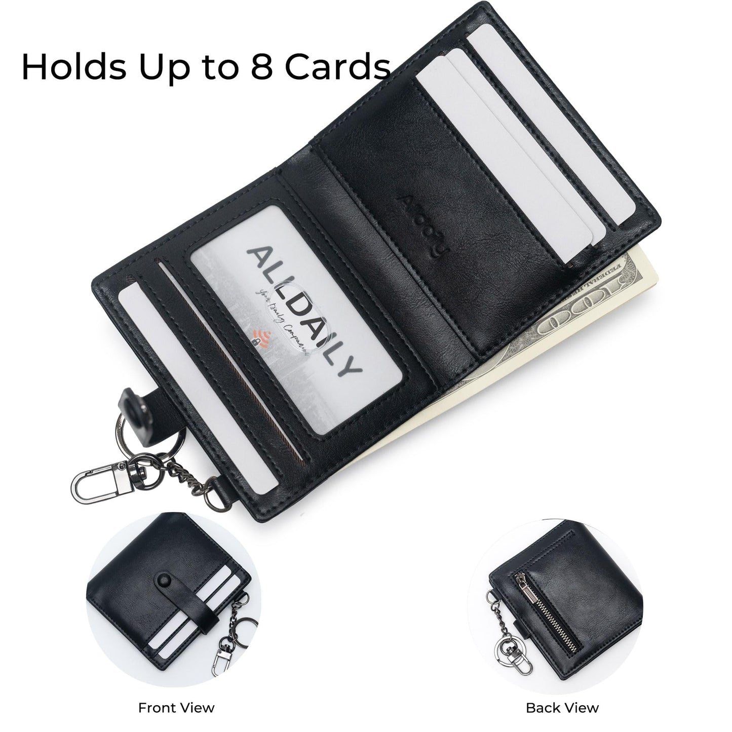 Alldaily Slim Keychain Wallet for Women, RFID Blocking Small Bifold Travel Credit Card Holder (Black)