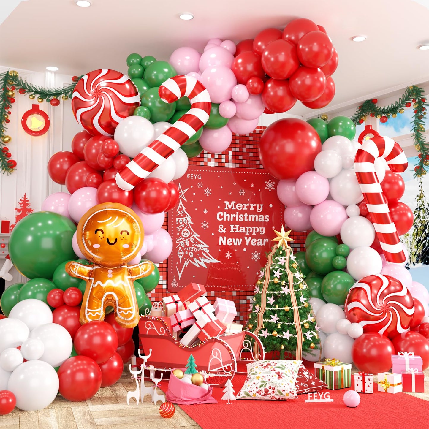 Christmas Balloon Arch Kit, Gingerbread Man Balloon Garland with Green Pink Red Balloons Candy Cane Foil balloons for Christmas Party Decorations New Year Xmas Party Supplies