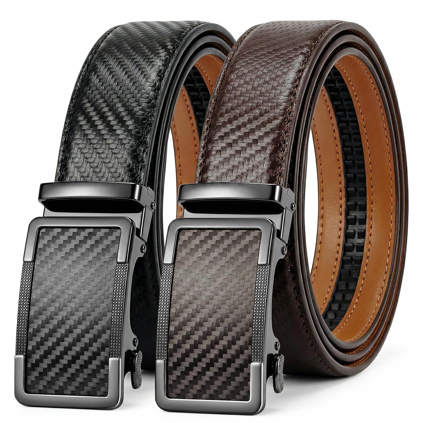 QVGFCTB Ratchet Belts for Men - 2 Pack Leather Belts for Men, Easy to Slide, Adjustable, Gift for Him, Dress&Casual (1 3/8") (Black & Brown, 38"-44" Waist Adjustable)