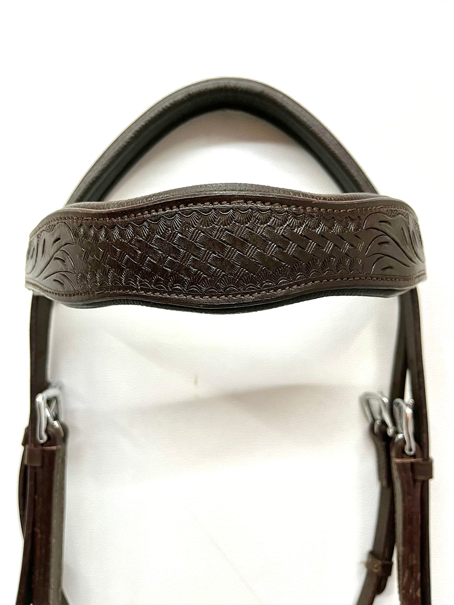 AMAZING HORSE STUFF Sidepull Bitless Bridle with Designer Hand Carving On Brow & Noseband Curved Shaped Brown (Full, Cob, Pony) (Pony)