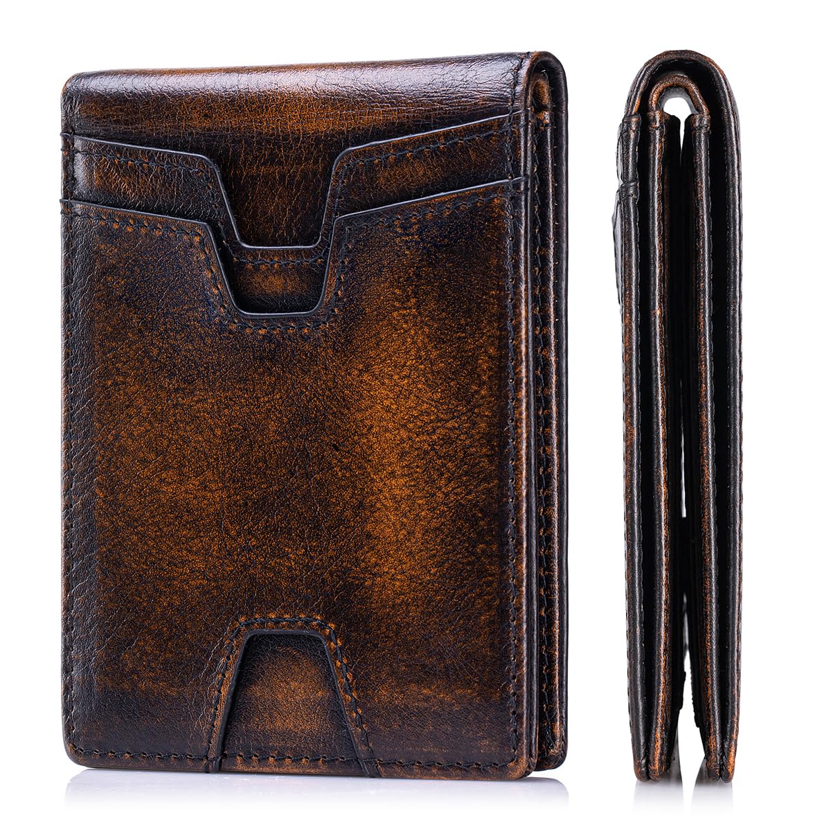SCHLATUM Front Pocket Wallet for Men Slim Lightweight RFID Blocking Genuine Leather Bifold Thin Wallet with 10 Card Slots, Antiqued