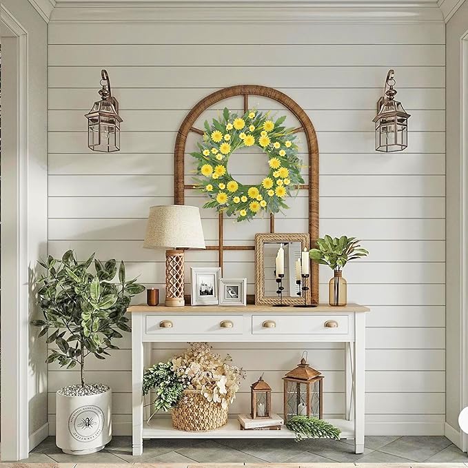 Front Door Wreath for Spring Summer 22"-24" Yellow Daisy Wreath with Artificial Greenery and Wildflowers - Farmhouse Floral Wreaths for Wall Porch Home Indoor Outdoor Décor