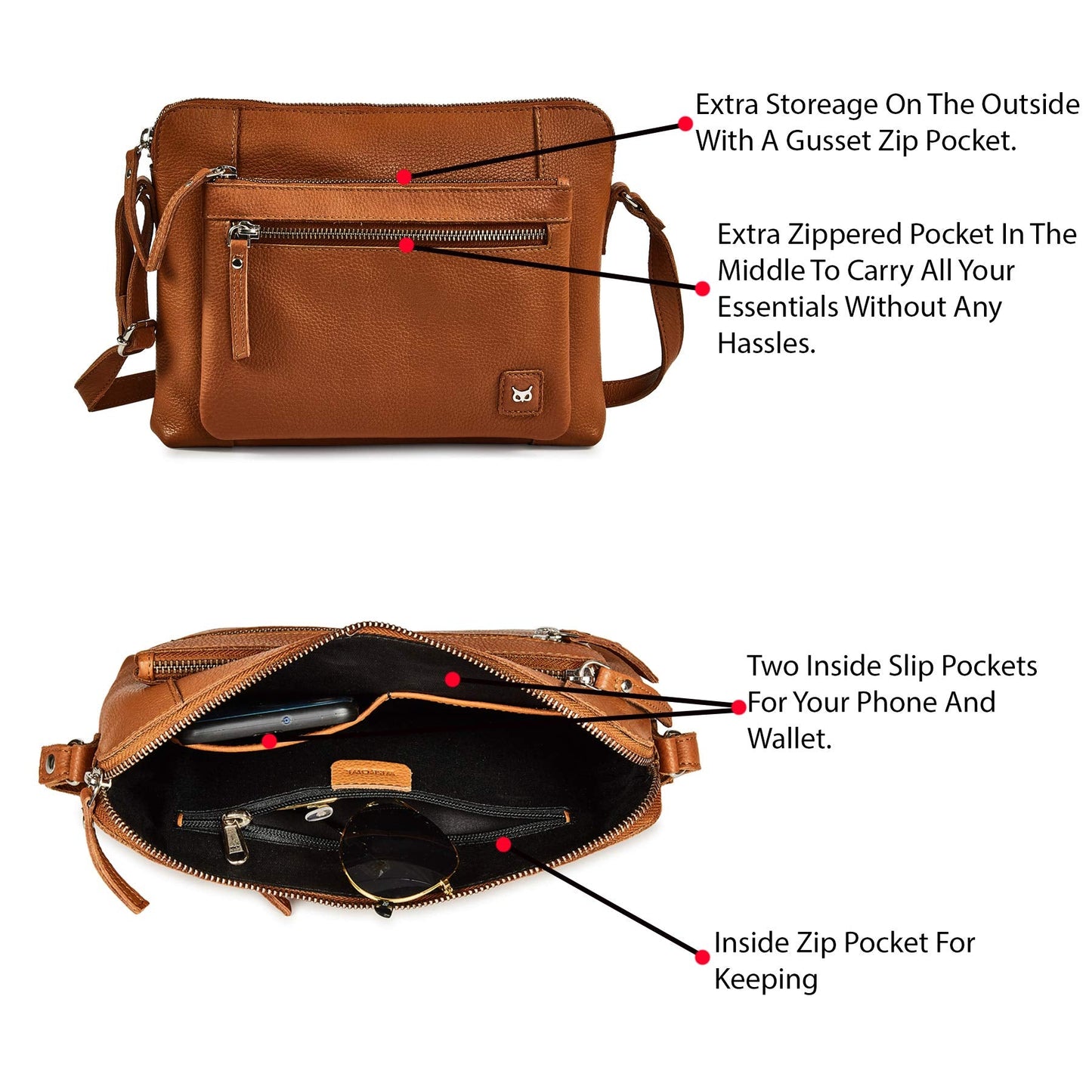 Leather Crossbody Bags for Women Small Soft Genuine Pebbled Sling Shoulder Handbag Crossover Purse with Full Adjustable Strap (Cognac Nappa)