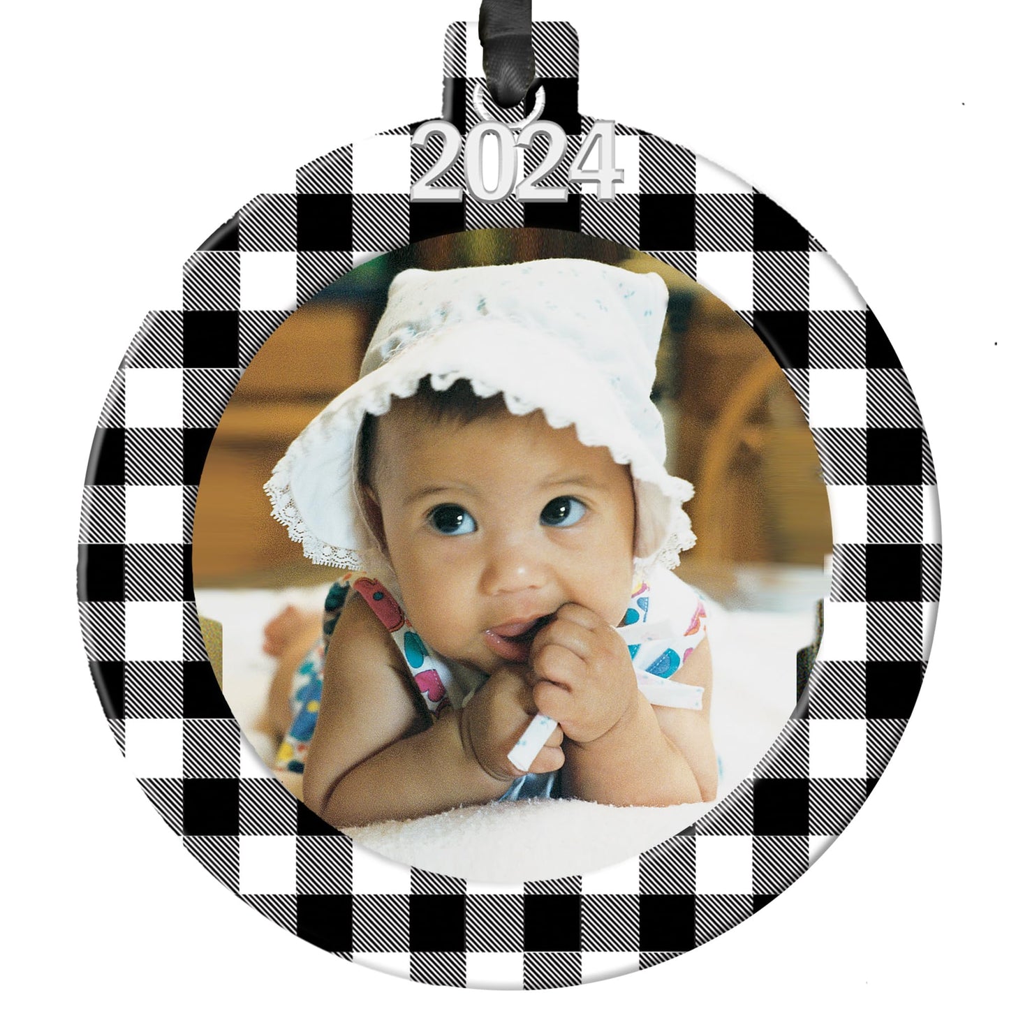 2024 Photo Ornaments for Christmas Tree, Classic Black and White Plaid Christmas Frame Ornament, Easy-Load Magnetic Design, with Satin Ribbon, Silver Charm Plus Photo Protector, Round, BW