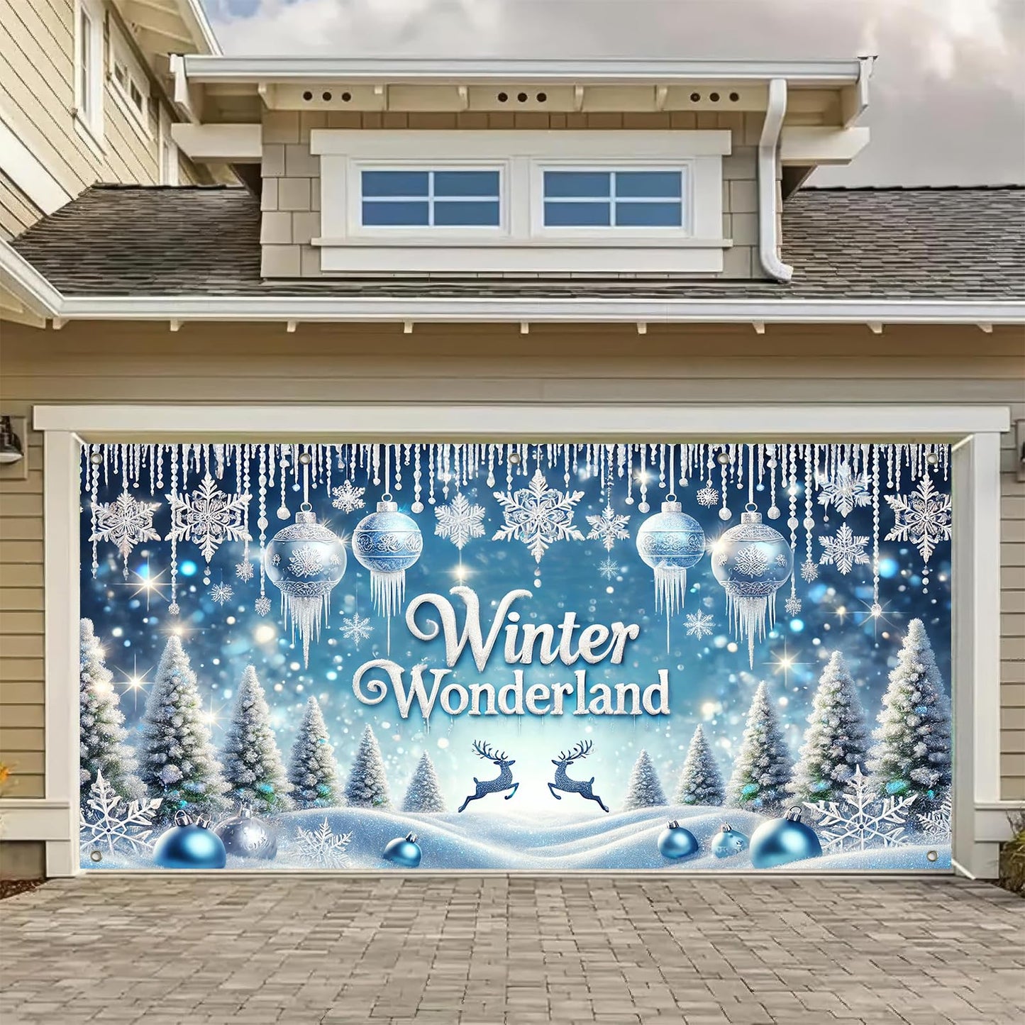 HOMETITUTE Winter Wonderland Garage Door Banner 13x6ft Snowy Landscape Decoration Frost Covered Trees Photo Prop Background for Peaceful Holiday Outdoor Festive Display Party Supplies