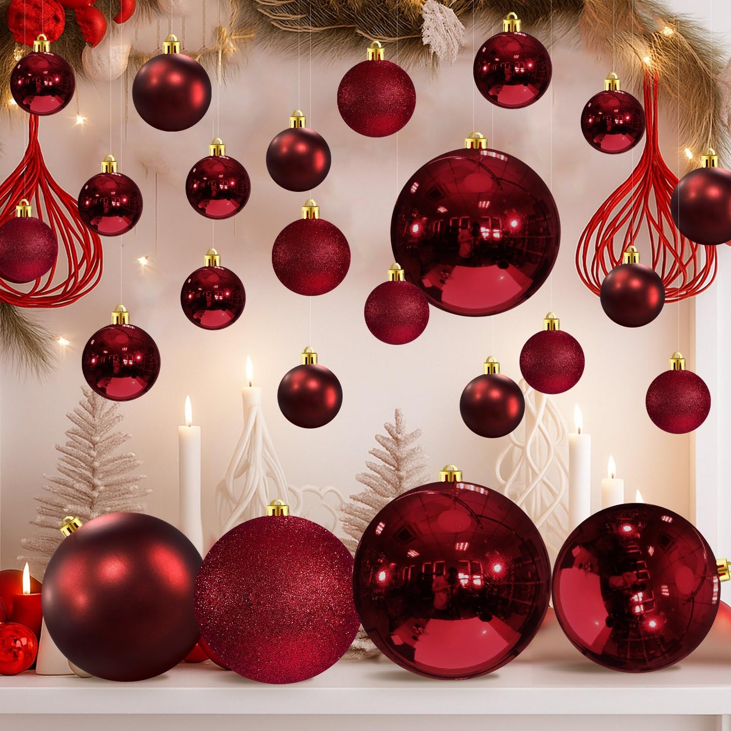 Marsui 24 Pcs Giant Christmas Balls Ornaments Extra Large Outdoor Cherry Christmas Ornament 8'' 6'' 3'' 2'' Large Xmas Balls Bulk Plastic Shatterproof for Xmas Tree Lawn Yard Porch (Frosted and Shiny)