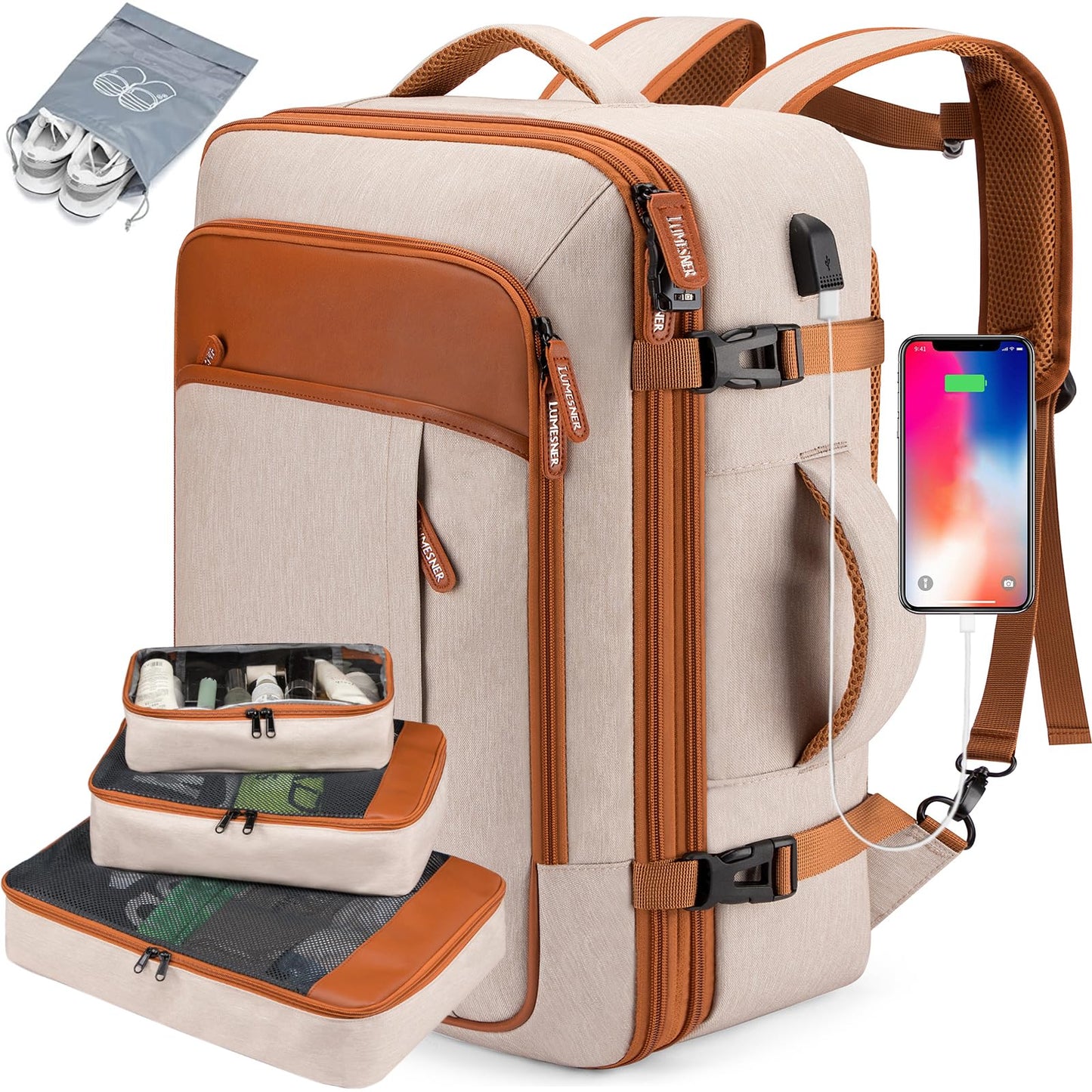 Carry on Travel Backpacks, Extra Large 40L Flight Approved Bag for Men & Women,Expandable Suitcase Backpack With 4 Packing Cubes,Water Resistant Luggage Daypack Business Weekender Bag,Beige