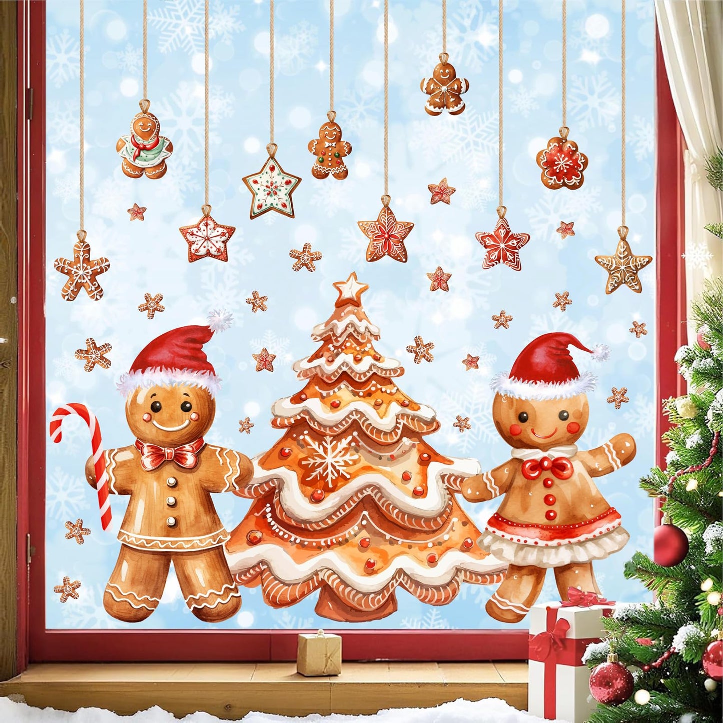 Christmas Window Decoration Clings Gingerbread Decals for Glass Double-Side Xmas Tree Holiday Window Decal Reusable Removable Snowflake Static Cling for Indoor Home Office Display Winter Decoration