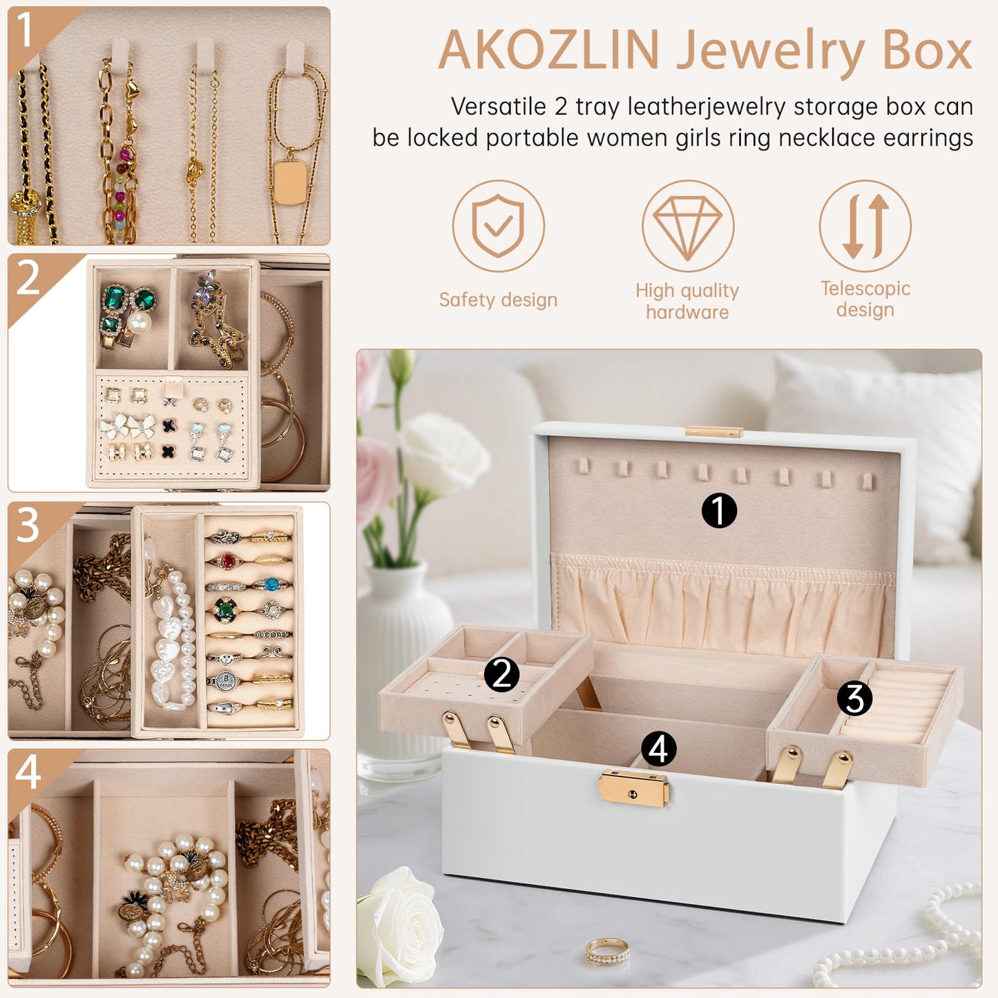 AKOZLIN Travel Jewelry Box Organizer Functional 2-trays Leather Jewelry Storage Case with Lockable Portable for Women Girls Ring Necklace Earring Bracelet