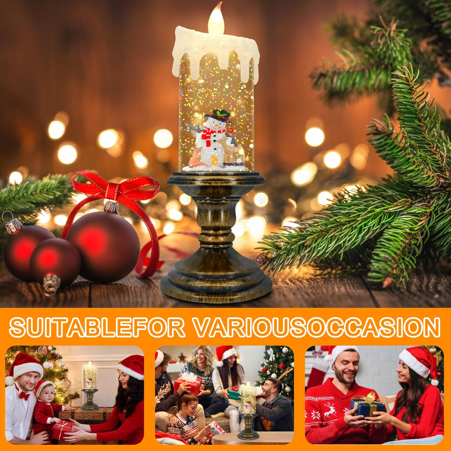 AOMIL Christmas Flameless Candles, Flickering Flameless Candles with Timer, LED Candles Battery Operated, Snow Globe Candle Light for Christmas Decorations