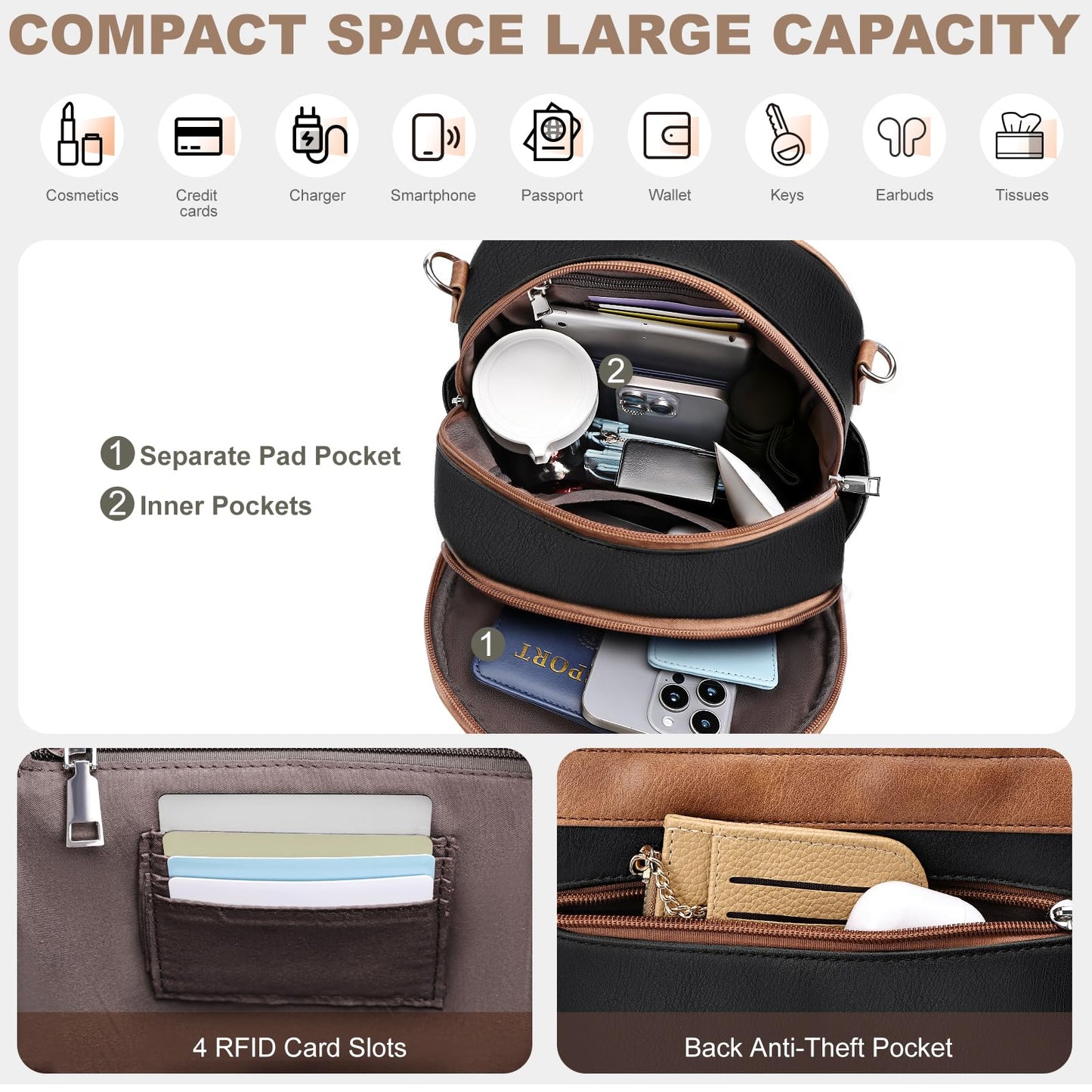 SYTRAH Small Backpack Purse for Women, Mini Backpack Vegan Leather with RFID Blocking & Tablet Pocket, Cute Shoulder Handbag for Travel, School & Work Black Brown