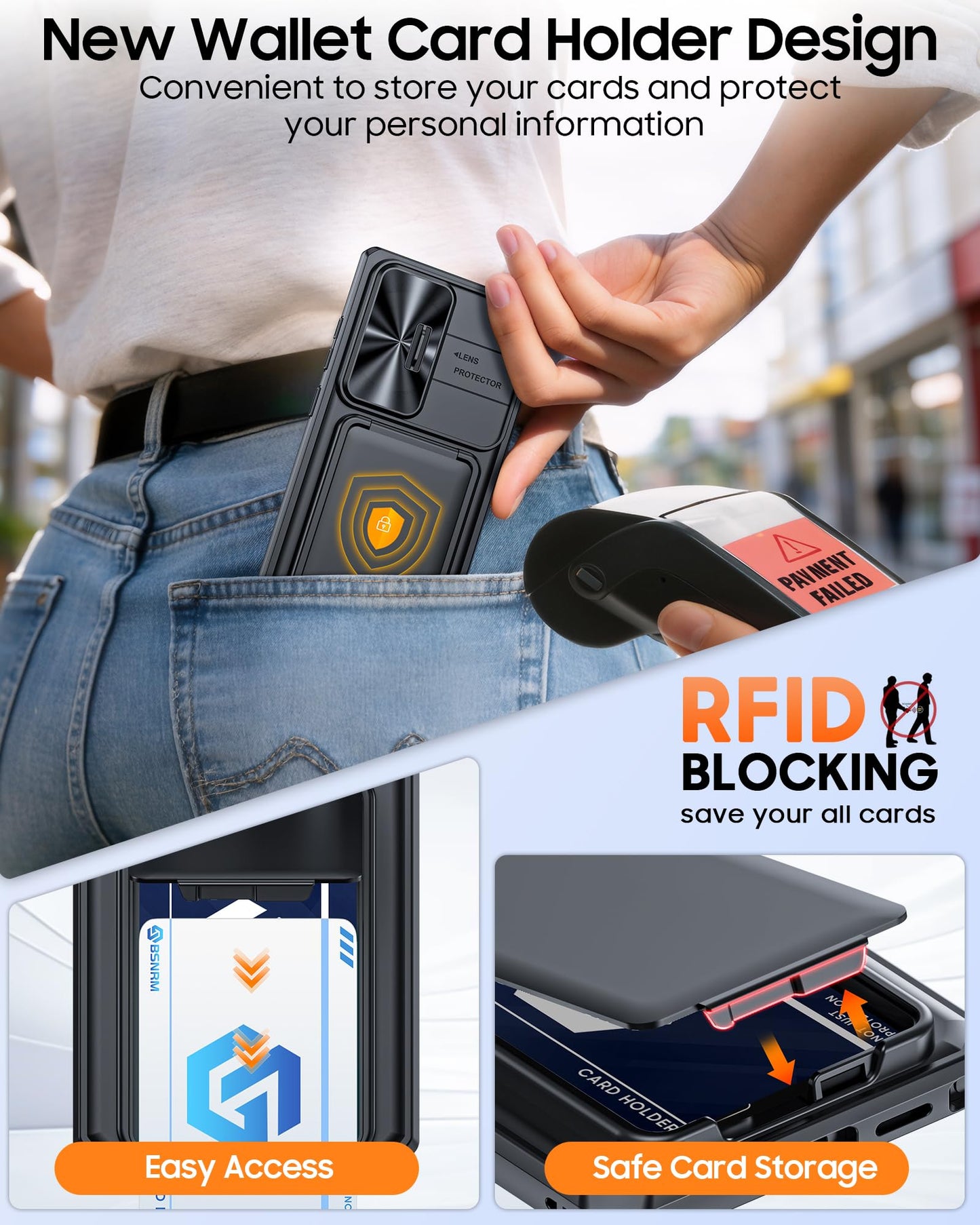 BSNRM for Samsung Galaxy S24 Ultra Case Wallet with RFID Blocking, Card Holder, Slide Camera Lens Cover, Silicone Edge Raised, Rugged Heavy Duty Phone Cover Case for Galaxy S24 Ultra, 2024, Black