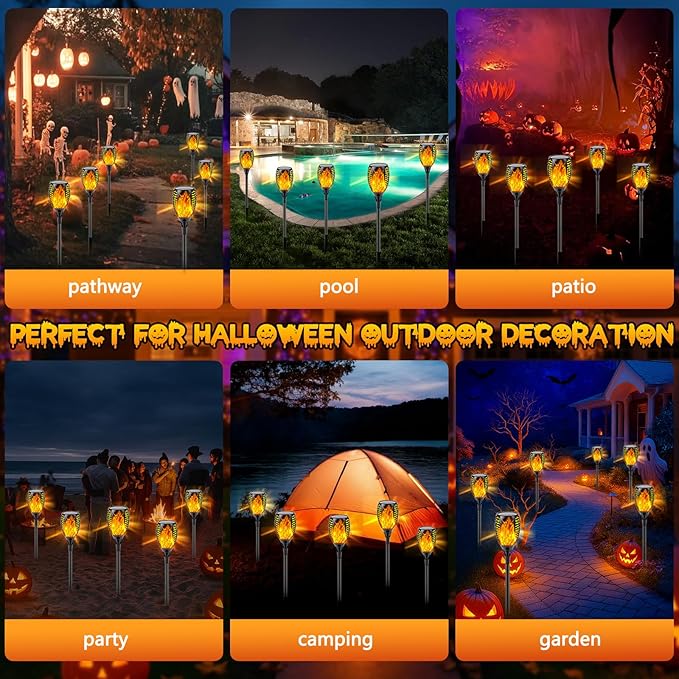 SANJICHA 4 Pack Super Larger Size Solar Flame Torch Extra Bright Tiki Lights Outdoor Decorative with Flickering Flame, Solar Outdoor Lights Waterproof Lamps for Outdoor use Garden Pathway Yard