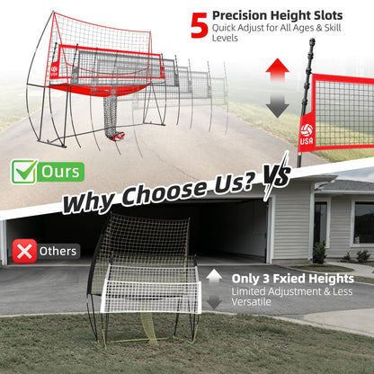 JOLORLY 2-in-1 Volleyball Practice Net Station with Patented 5-Height (6'6'' to 8'), Heavy Duty Training System for Hitting Spiking Serving, Backyard Indoor Outdoor Trainer Equipment (12x11 ft Red)