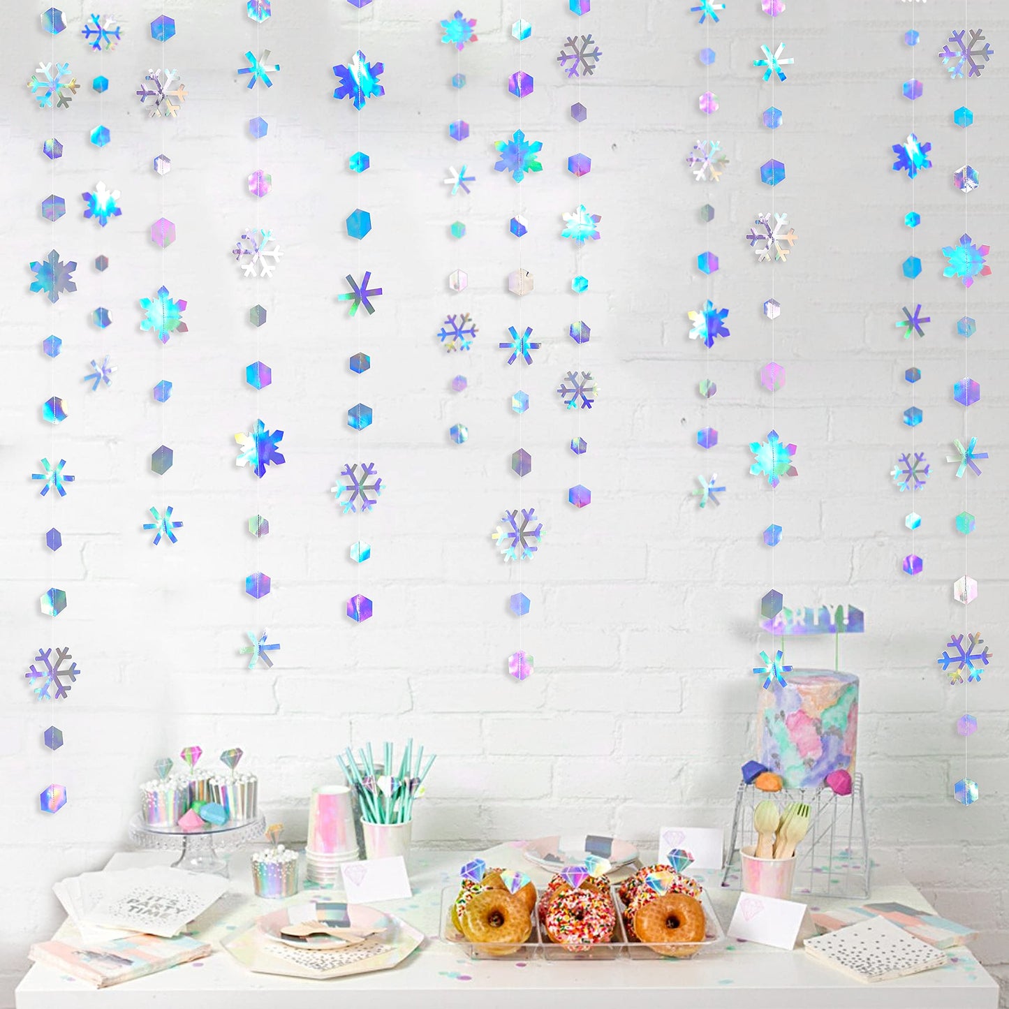 Clearance Winter Wonderland Party Decorations Iridescent Snowflake Garland Holographic Paper Snowflake Streamer for Winter Onederland Christmas Frozen Birthday Wedding Bridal Shower Party Supplies