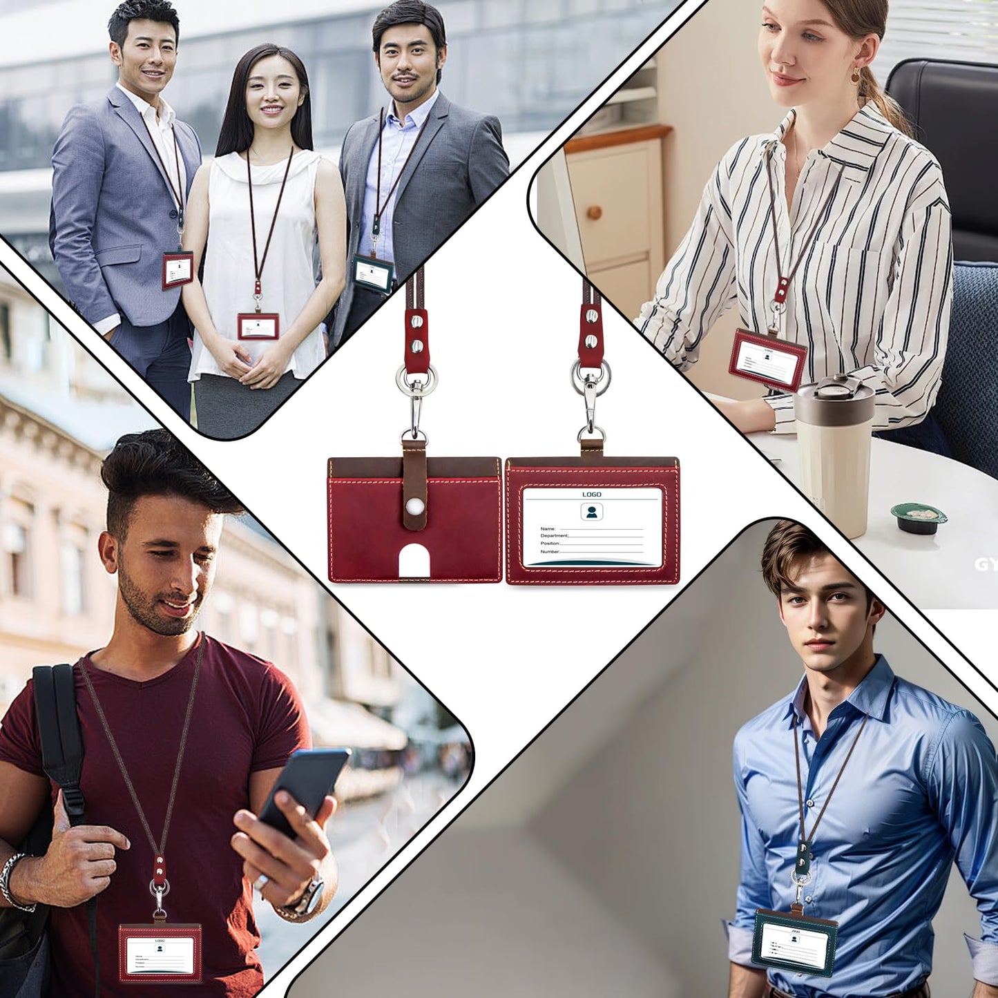 Badge Holder: Boshiho Cowhide Leather ID Badge Card Holder with 19" Neck Lanyard, Horizontal Style (Red)