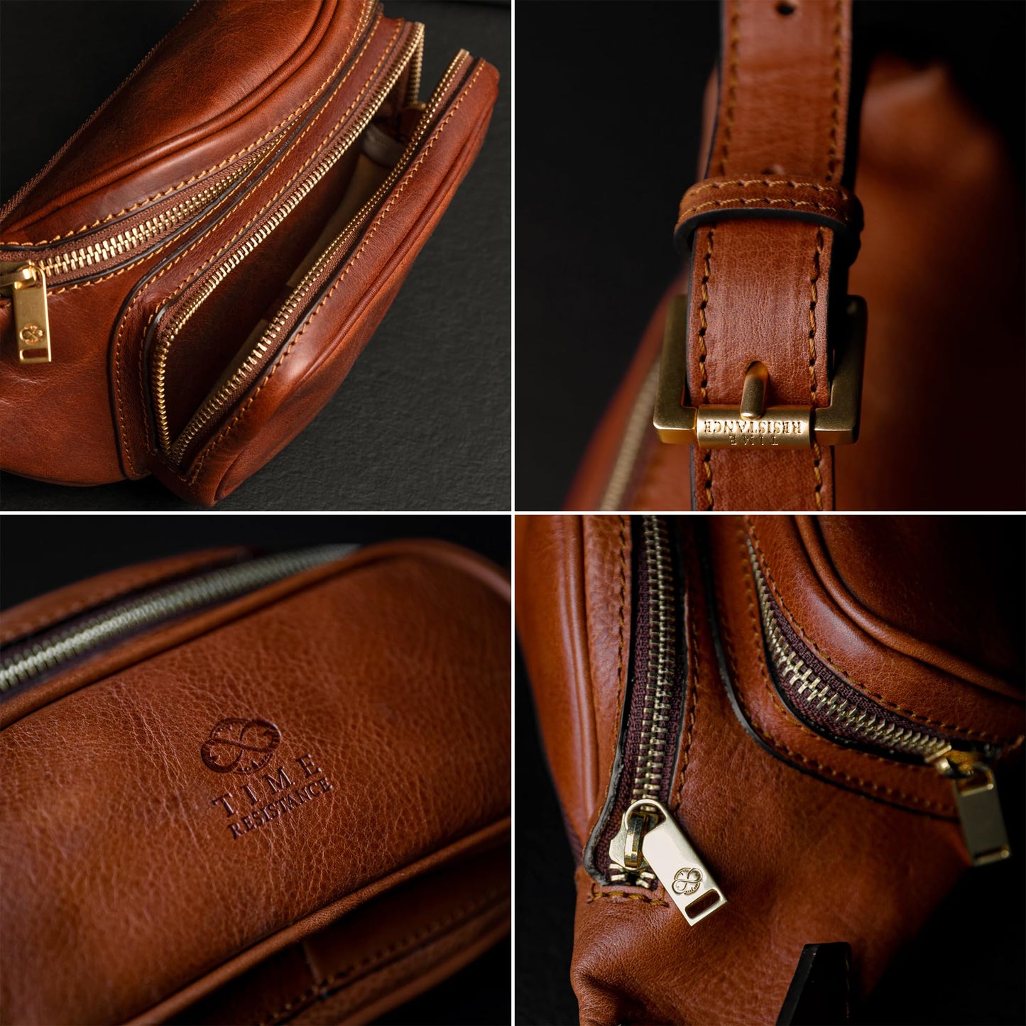 Time Resistance Leather Waist Pack - Belly Bag, Belt Bag, Fanny Pack - Handmade in Italy (Cognac Brown)