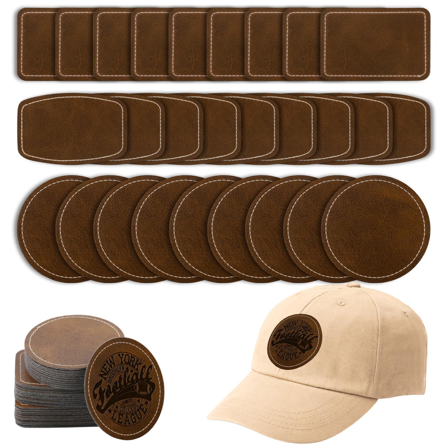 BUVKHMX Faux Leather & Leatherette Hat Patches - 60 Pack Blank Laserable Patches with Adhesive Backing for Customization, Fabric Repair, Sewing & Laser Engraving Supplies (Dark Brown)