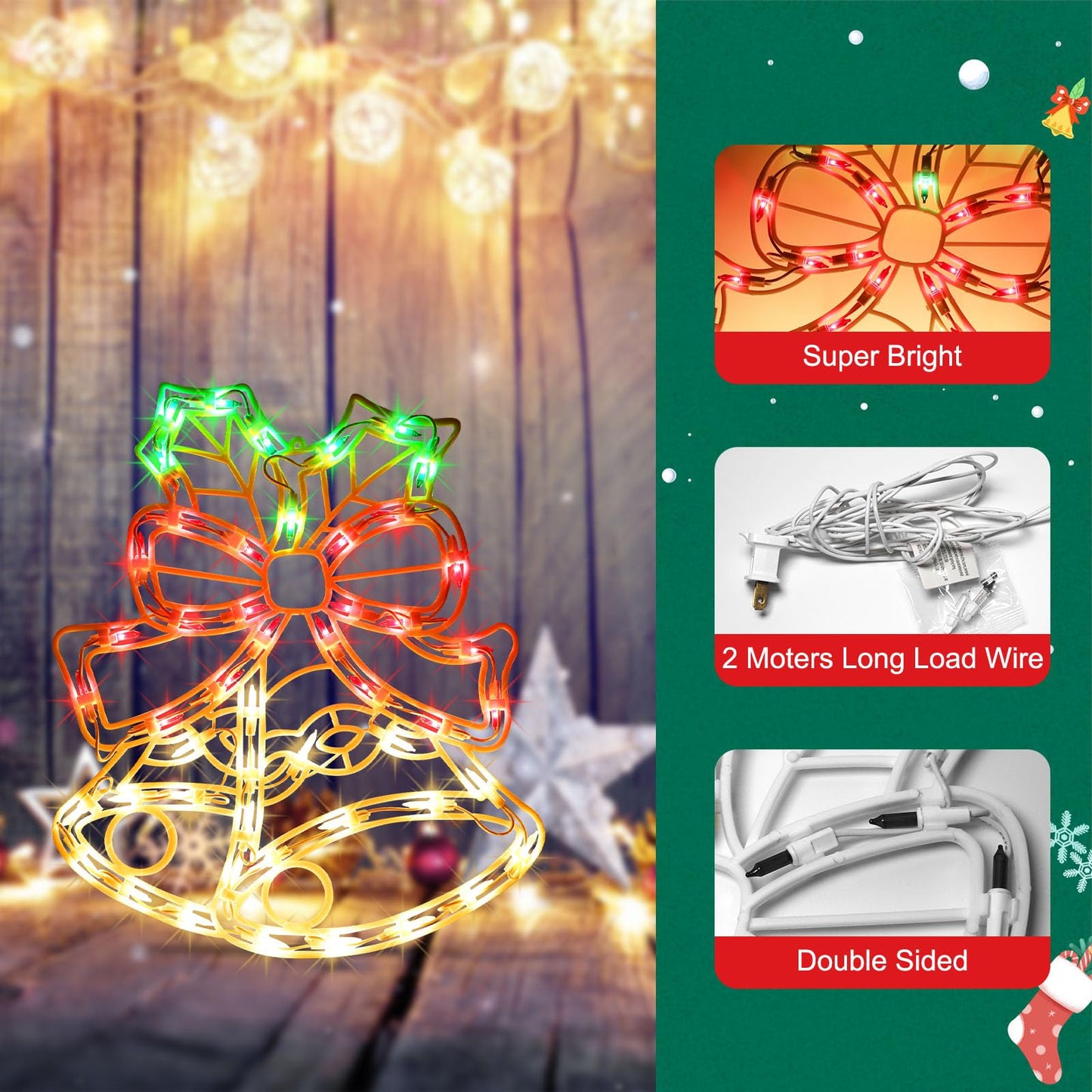 15Inch Christmas Bell Light,Bell Decoration Lights,Christmas Window Silhouette Light,Double Side Sign Lamp Decoration for Holiday Indoor Wall Door Glass Decorations