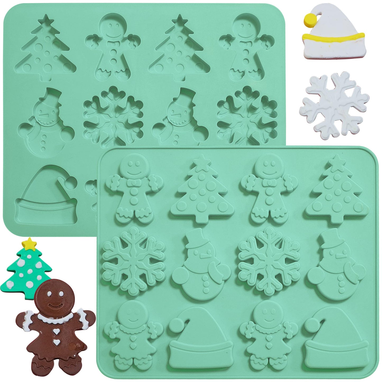 Zorazio 2Pack Christmas Silicone Cookie Chocolate Molds,Christmas Tree Silicone Mold, 12-Cavity Christmas Chocolate Mold for Candy Cookies Including Snowman Snowflakes Santa Hat