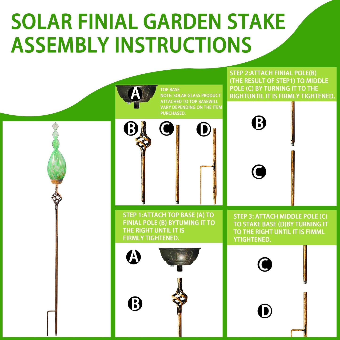 Garden Solar Lights, Green Flame Solar Lights Outdoor - Hand Blown Glass Decorative Garden Pathway Lights Outdoor Waterproof Flame Glass Stakes