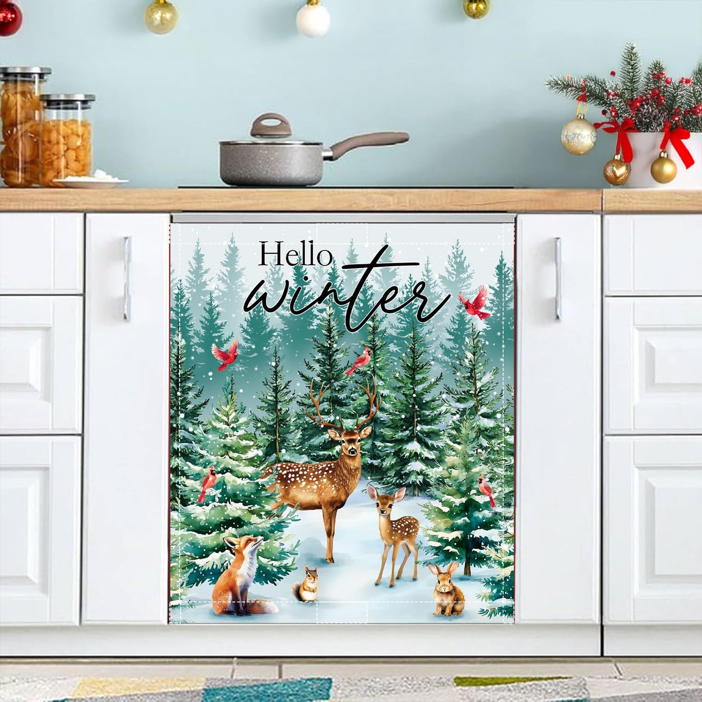 Hello Winter Dishwasher Magnet Cover 23x26in Christmas Dishwasher Cover for Washers Fridge Panel, Cardinal Bird Magnetic Covers for Kitchen, Machine Door Covers Decor, Christmas Deer Kitchen Decor