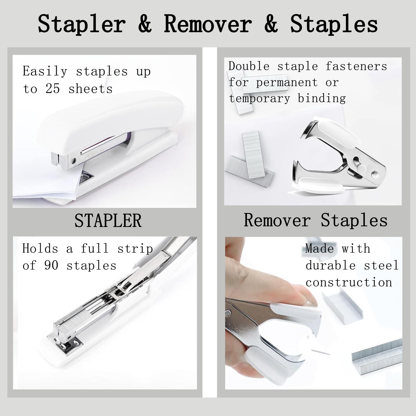 White Office Desk Accessories Supplies, 12pcs Desk Organizers and Accessories with Tape dispenser and Stapler,Staples,Staple Remover,Pen Holder,Scissor,Ruler,Sticky Tabs,Tape,Ballpoint Pen,Clips Set