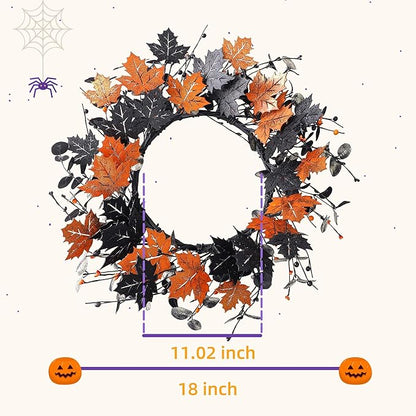 YNYLCHMX 18" Halloween Wreath for Front Door, Halloween Door Wreaths, Fall Autumn Farmhouse Wreath with Golden and Black Maple Leaves for Home Winsow Decorations Indoor Outdoor Party Decor