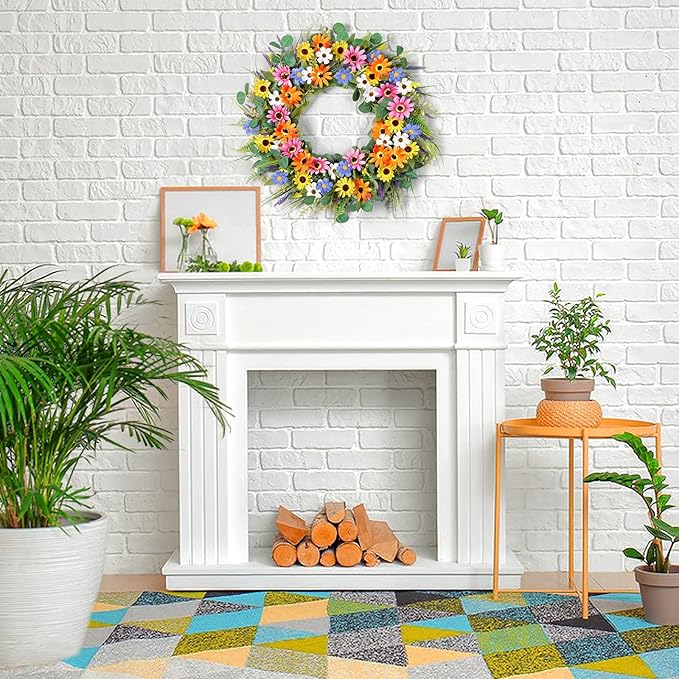 Dremisland 22 Inch Colorful Daisy Wreath Spring Summer Wildflower Wreath with Green Eucalyptus Leaves for Front Door Artificial Floral Wreaths Window Wall Farmhouse Wedding Party Festival Decor