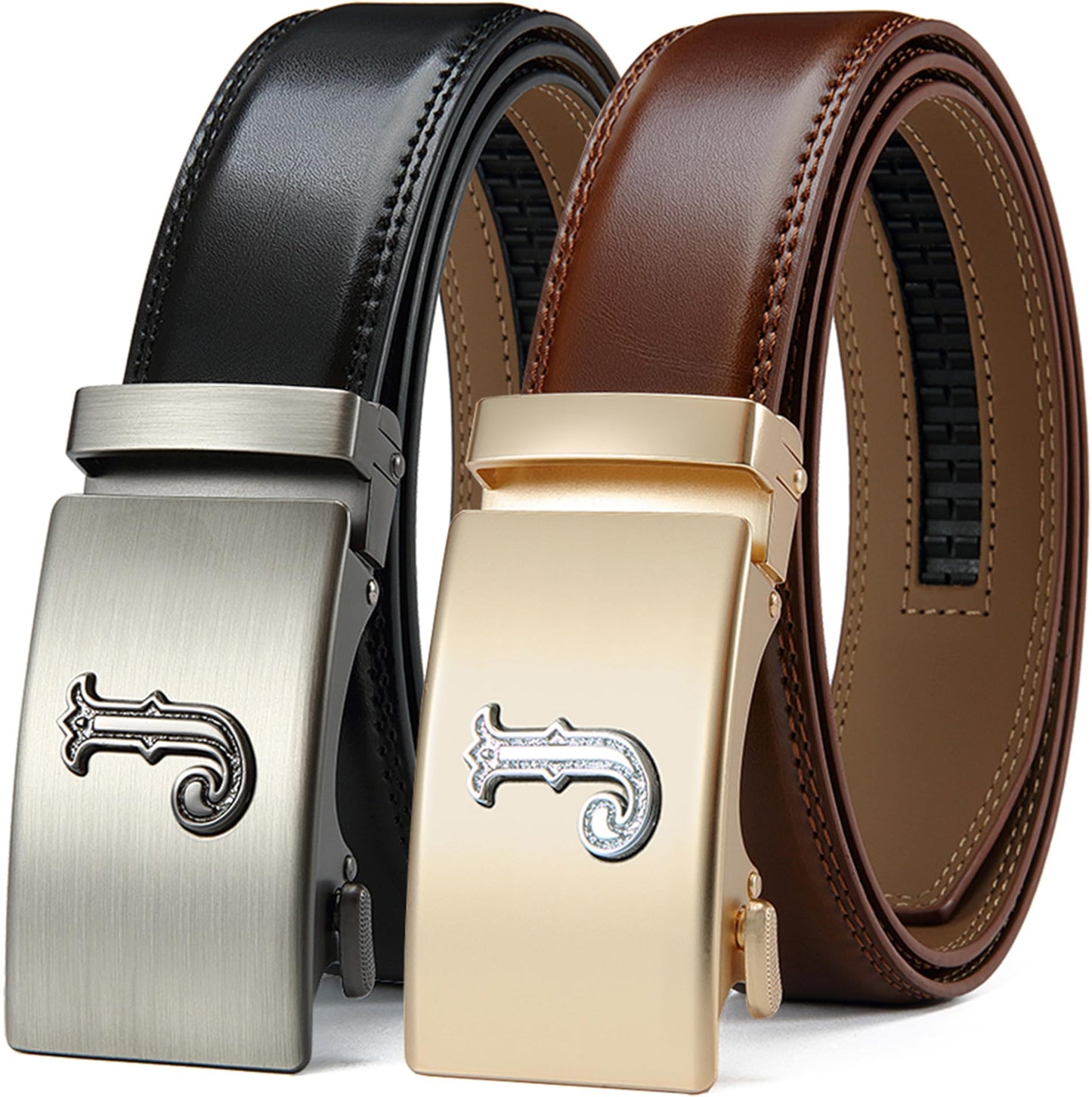 DOOPAI Men's Leather Ratchet Belts 2 Pack Adjustable Click Belt Set for Dress & Casual, Custom Fit 1 3/8" (35mm) -Trim to Fit