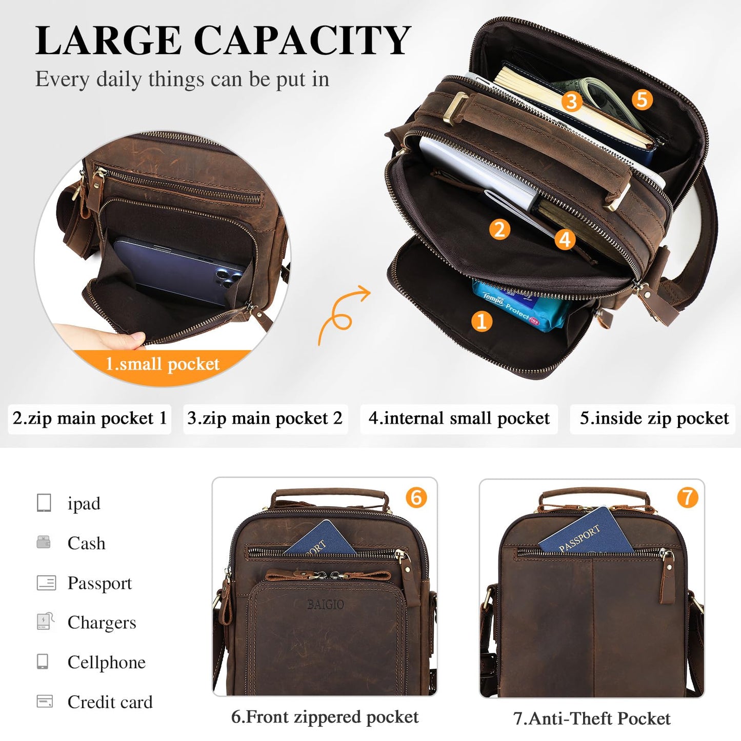 BAIGIO Genuine Leather Small Messenger Bag for Men Crossbody Shoulder Bag for Ipad Small Handbag Vintage Man Purse Daily Business(Dark Brown)