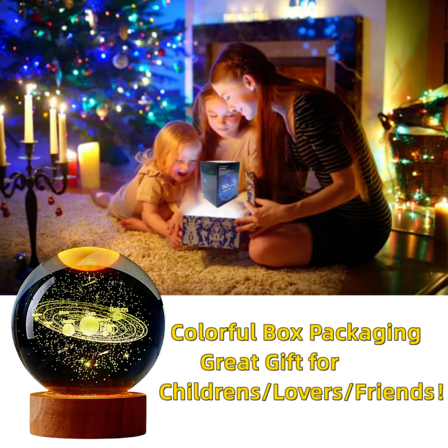 Conalisk 3D Solar System Crystal Ball Lamp,3.15 Inch K9 Crystal Ball Night Light with Wooden Base,16 Colors Changing with Remote Control,3D Planet Laser Engraving Holographic Light (Solar System)