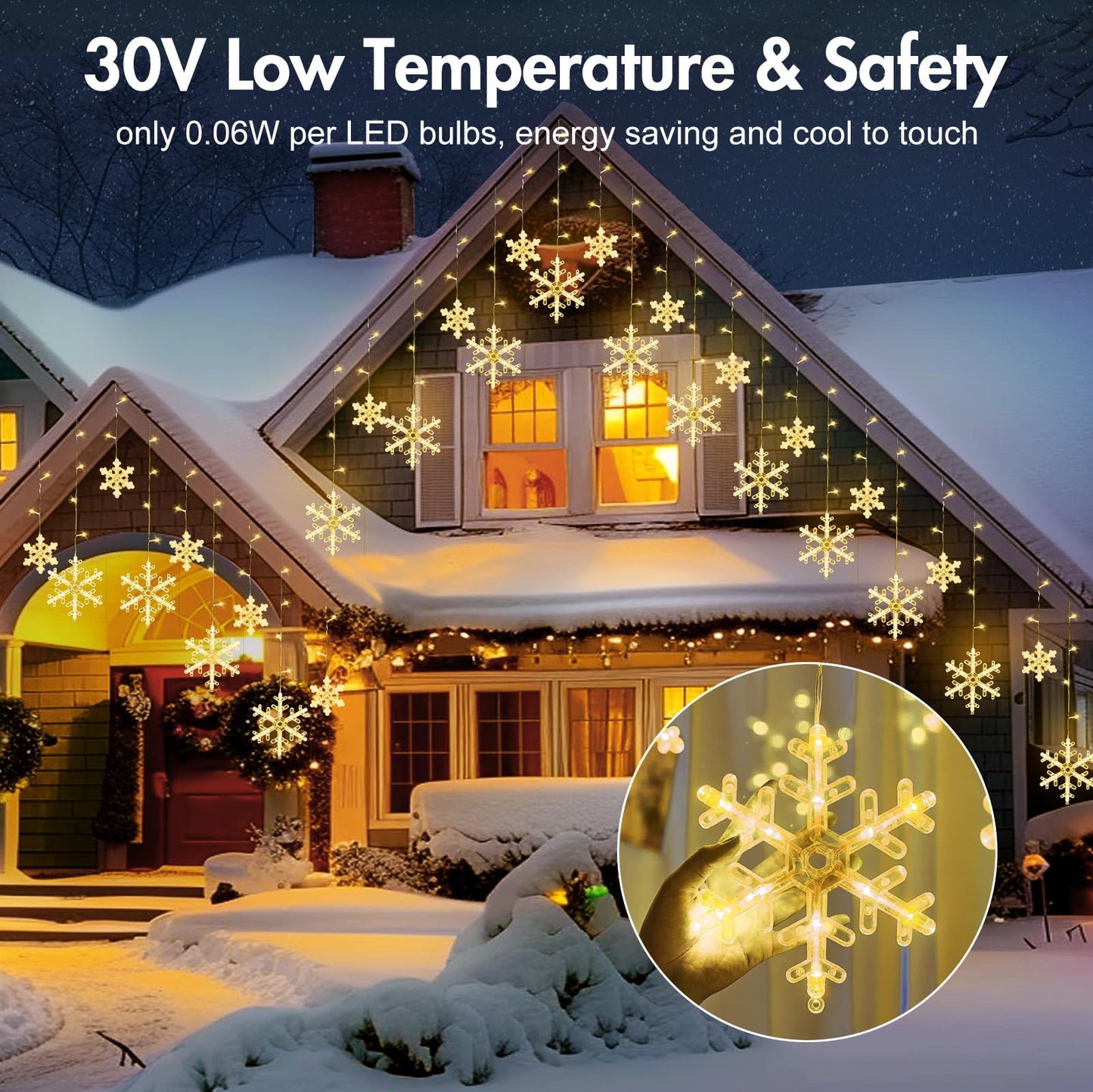 Minetom Christmas Snowflake Lights - 13ft 192LED Snowflake Icicle Lights with 16 Drops, 12 Modes and Timer, IP65 Waterproof Connectable Christmas Light for House Eave Indoor Outdoor (Warm White)