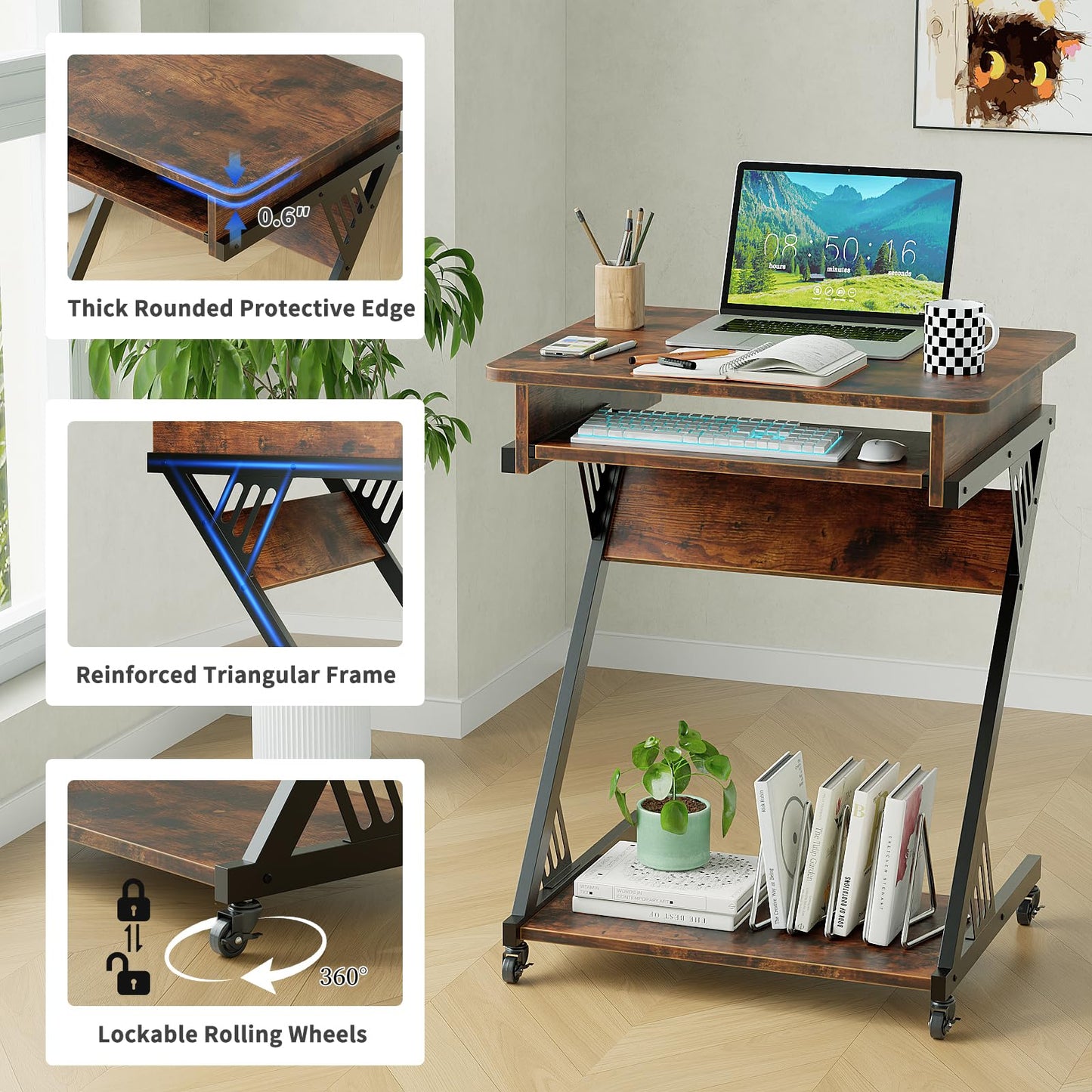 ALISENED Computer Desk for Small Spaces, 23.6" Z-Shaped Compact Study Table with Smooth Keyboard Tray with Wheels and Bottom Shelves for Home Office, Computer Cart Mobile Laptop Cart, Rustic Brown