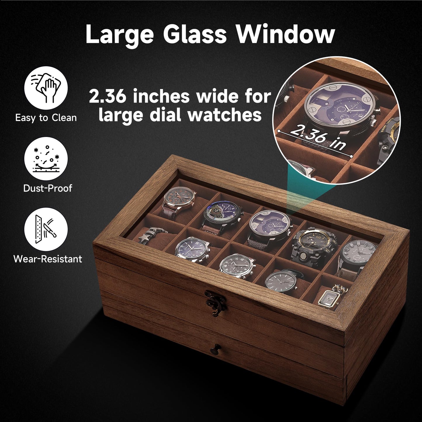 GALHUBIS Watch Box with 10 Slots, 2-Tier Watch Case for Large Dial Watches, Watch Display Case with Lid, Removable Watch Pillows, Gifts for Men Women, Watch Organizer with Drawer, Jewelry Box, Walnut