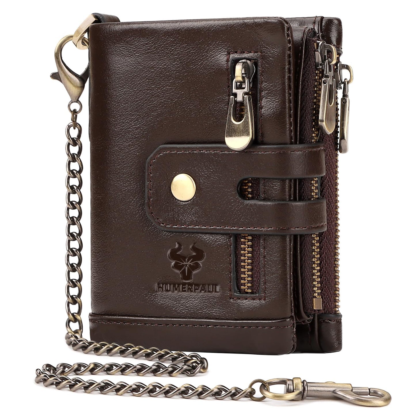 HUMERPAUL Genuine Leather Chain Wallet for Men, RFID Blocking Biker Trifold Credit Card Holder with Zipper Coin Pocket & Money Clip (Coffee)