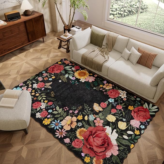 Washable Rugs for Living Room: 6x9 Area Rugs for Bedroom Soft Ultra Thin Stain Resistant Non Slip Low Pile Lightweight Vintage Floral Carpet for Dining Room Decor (Black)