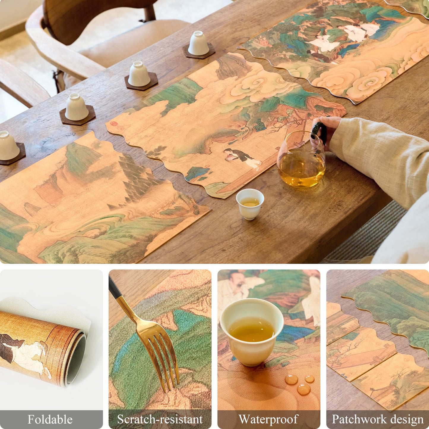 HONGSAM iqipa Faux Leather Table Runner for Dining Table Decorative Leather Table Runners Coffee Table Cloth Waterproof Runner Table Faux Leather Placemats Set and Coasters Table Protector Decor