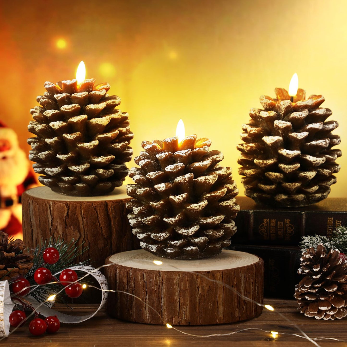 Baquler 3 Pcs LED Pine Cone Candles, Battery Operated, Flameless, Real Wax Pine Cone Candles with LED Flickering for Christmas Party Decoration