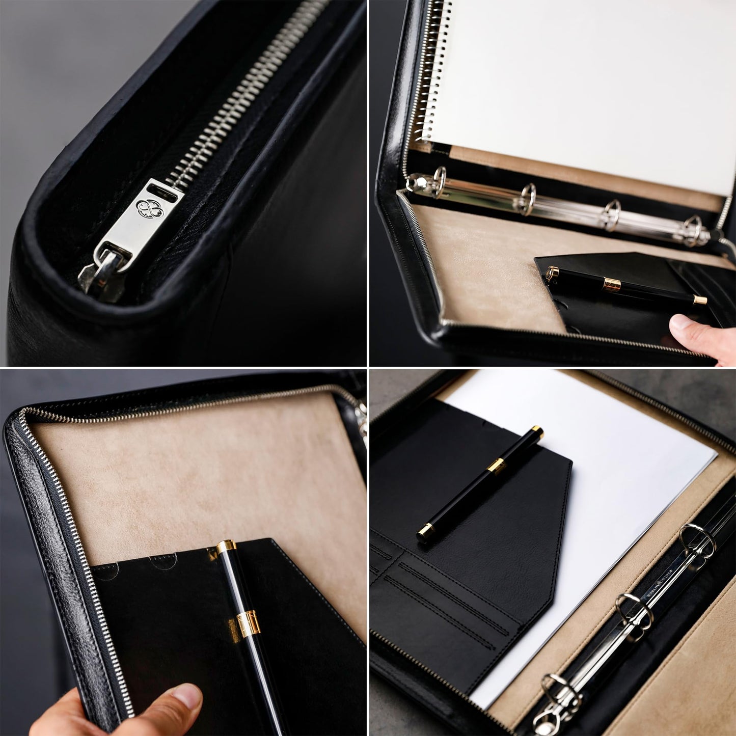Time Resistance Leather Portfolio – Document Bag with Carry Handle – Tablet Size Case Made in Italy (Black)