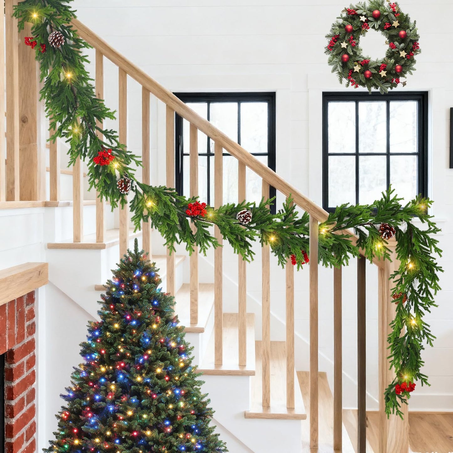 6FT Prelit Christmas Garland with Lights, Realistic Cedar Garland with Red Berries Pine Cone Artificial Real Touch Greenery Lighted Xmas Garland for Mantle Stair Railing Fireplace Decorations