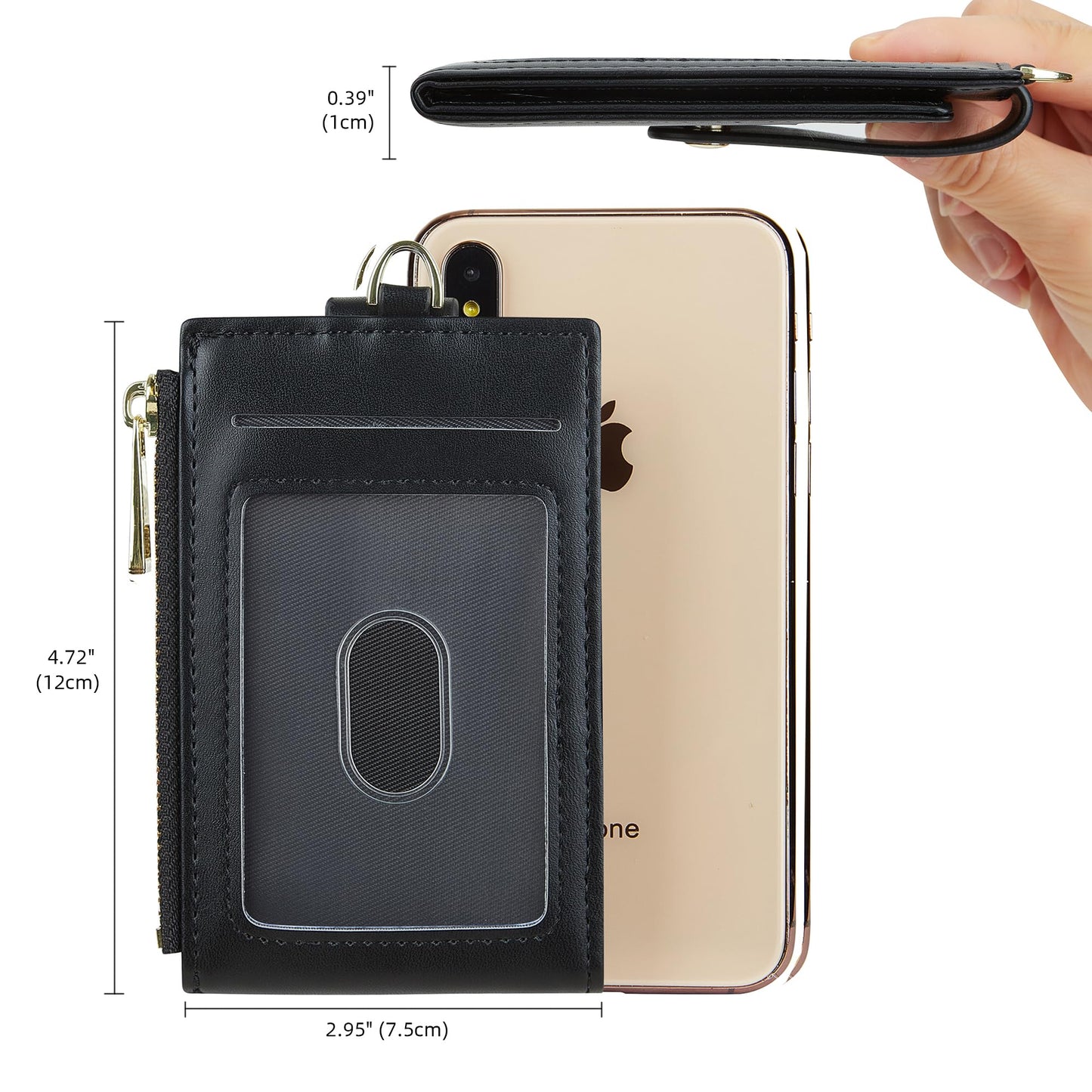 Cynure Women Leather RFID Blocking Card Holder Slim Small Zipper Keychain Front Pocket Wallet with 2 ID Window, 1-plain black