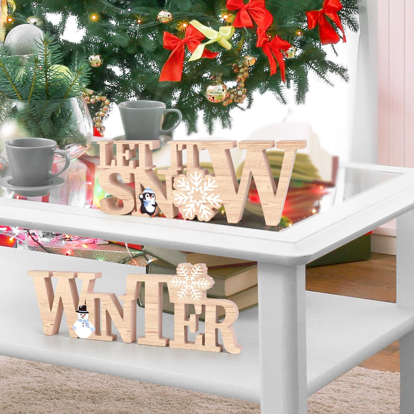 COCHIE Wooden Winter Let It Snow Sign, Snowflake Winter Decorations for Home, Office, Shelf, Mantel, Indoor, Blue White Wood Table Top Party Decor (Brown)